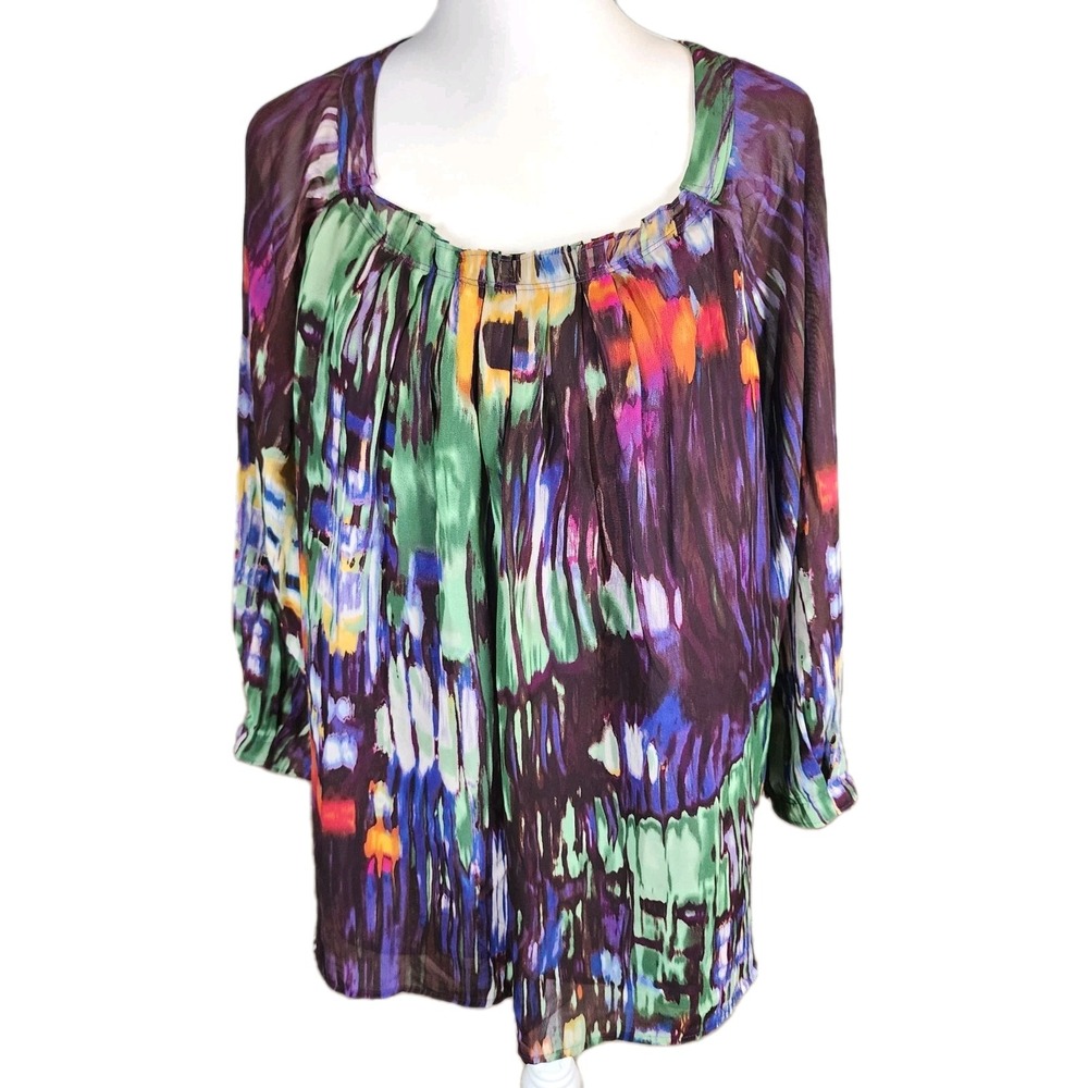 Evan Picone Woman Top Shirt Blouse 1X Purple Print Sheer Lined Casual Boho Artsy